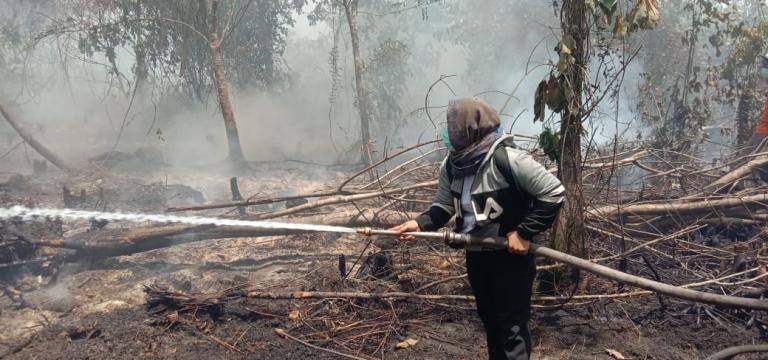 A woman is fighting forest fire